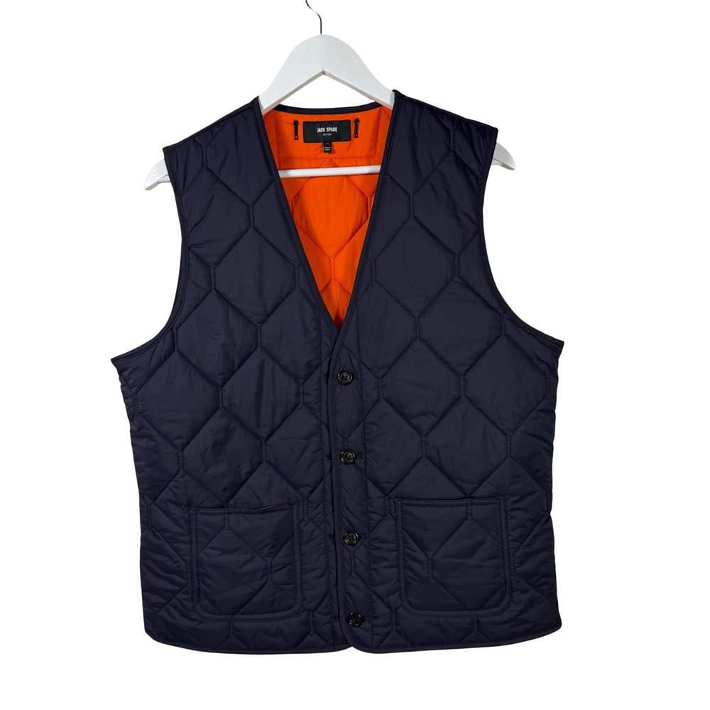 Jack Spade New York Mens Quilted Vest Navy Blue Orange Lining Medium Hexagon